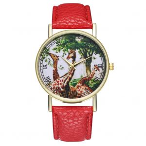 Montre-Bracelet Zhoulianfa A Quartz Avec Cadran Rond En Pu Et Motif Girafe Pour Homme Et Femme (Rouge) - Neuf