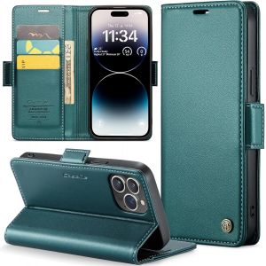 Maa-Coque Pour Iphone 14 Pro Max, Étui Housse En Rfid Protection Premium Pu Cuir Portefeuille Rabat Case Magnétique Stand Antichoc, Étui Case Pour Iphone 14 Pro Max, Bleu Vert - Neuf