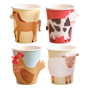 LOT 8 Gobelets en papier Animaux de la ferme (cheval, poule, vache, mouton) - Scène de ferme - Ginger Ray - Neuf