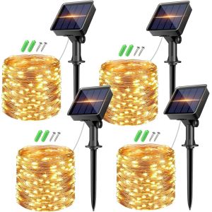 KAL-Guirlande Solaire Exterieur Lot De 4, 10M/32Ft 80 Led Guirlande Lumineuse Exterieure Solaire 8 Mode, Étanche Lumiere Solaires Extérieur Pour Jardin Mariage Fête Terrasse Noel Arbre - Neuf