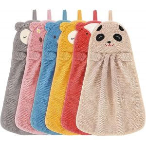 Lot De 6 Serviettes De Toilette Pour Enfant, Serviettes À Main Suspendues, Gant De Toilette Animal, Serviettes Absorbantes En Microfibre Mignonnes, Serviettes De Visage Avec Boucle De Suspension - Neuf