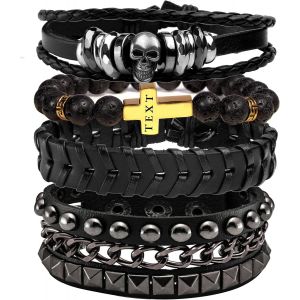 Kal-Bracelet Tressé Cuir Homme Bracelet Chaîne Gothique Manchette Set Punk Rocker Bracelet Noir - Neuf