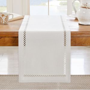 Chemin De Table, Chemin De Table Blanc Cass&eacute; 90 Cm De Long, Chemin De Table Rustique Style Lin &Agrave; Motif G&eacute;om&eacute;trique Ajour&eacute; Pour Repas De F&ecirc;te Ou Usage Quotidien - Blanc Cass&eacute;, 90 Cm - Neuf