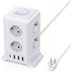 Multiprise avec Interrupteur, Tour Multiprise 8 Prises et 4 USB&iquest;3 USB-A&1 USB-C Max 5V/3.4A, Parafoudre et Surtension, 5M C&acirc;ble &agrave; la Maison et au Bureau - Neuf