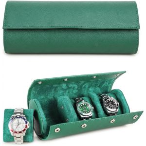 Kal-Étui De Voyage Pour Montres, Boîte De Rangement En Cuir Véritable Pour 3 Montres Avec Coussin Amovible, Organisateur Portatif En Cuir Pour 3 Montres (Vert) - Neuf