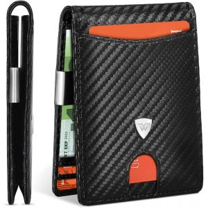 TIANYI-Portefeuille Homme Slim en Fibre de Carbone avec Blocage RFID et Emplacements pour Cartes de Cr&eacute;dit, Clip de Billets, Portefeuille Minimaliste Bi-Fold avec Bo&icirc;te Cadeau - Noir - Neuf