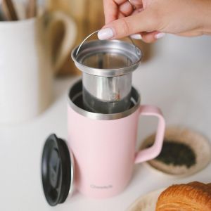 TZF-- Mug Isotherme Inox Recycl&eacute; avec Anse & Filtre Infuseur Pastel Rose - Tisani&egrave;re Isotherme 470ml - Thermos Caf&eacute; & Th&eacute; - 6h Chaud & 12h Froid - Bouchon Coulissant Anti-&Eacute;claboussures - Neuf