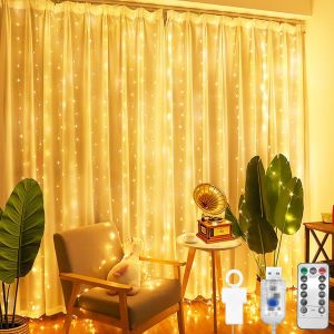 KAL-Rideau Lumineux Blanc Chaud, 200 Led, 2 X 2 M, Rideau Lumineux Usb, Chaîne Lumineuse Led À 8 Modes, Chaîne Lumineuse Pour Intérieur, Chambre, Esta, Décoration De Balcon - Neuf