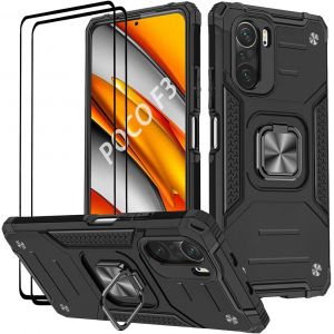 Kalanka-Coque Compatible Pour Xiaomi Poco F3 ¿ Xiaomi Mi 11i, Verre Trempé [2 Pièces] Housse Tpu Silicone Rotation 360° Aimant Anneau Support Double Défense Protection Etui - Noir - Neuf