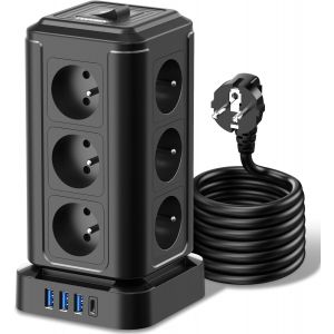 Tour Multiprise avec 12 Prises AC Fran&ccedil;aise et 1 USB C(20W PD3.0) et 3 USB A et 2M C&acirc;ble Rallonge Electrique et 1 Interrupteur, 4000W/16A, Multiprise Parafoudre pour Bureau et Maison, Noir - Neuf