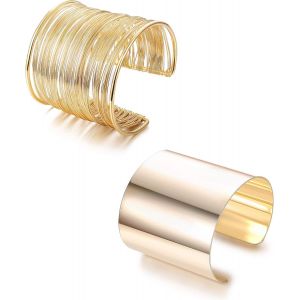 Kalsw-2 Pi&egrave;ces Bracelet Femme Manchette Large Bracelet Bangle Ensemble Ajustable En Alliage Boho Bracelet &Agrave; Bobine D'or/Argent Bijoux Pour Femmes - Neuf