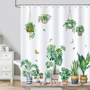 TIANYI-Rideau de Douche Plantes en Pot Tropical Vert Feuille Rideau de Bain Tissu Polyester Anti Moisissure Imperm&eacute;able Lavable Rideau Salle de Bain 180 x 180 cm avec 12 Crochets pour Baignoire - Neuf