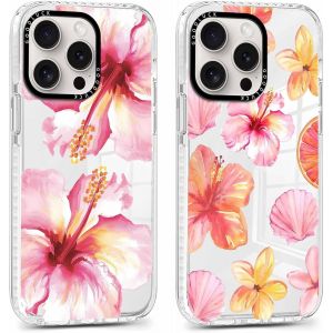 2 Pi&egrave;ces Coque pour iPhone 16 Pro, &Eacute;tui de Protection avec Aesthetic Design Fleur Hibiscus Motif, TPU Silicone Transparente Femme Fille Housse Etui Bumper Cover pour iPhone 16 Pro 6,3'', Rose - Neuf