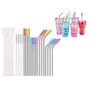 Lot De 20 Pailles R&eacute;utilisables En Acier Inoxydable Avec Embouts En Silicone - Neuf