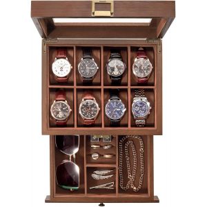 Kgabery-Boite Montre Homme En Bois,Coffret Montre À 2 Niveaux,Rangement Montre Avec 8 Emplacements 1 Tiroir -Original - Neuf