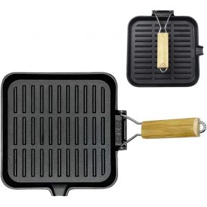 Subzonal-Po&ecirc;le &Agrave; Griller En Fonte, Po&ecirc;le &Agrave; Steak Avec Bec Verseur, Poign&eacute;e En Bois Pliable, Plaque De Cuisson Carr&eacute;e &Agrave; Induction, 20 X 20 Cm, Facile &Agrave; Nettoyer, Pour Tous Les Types De Plaques De - Neuf