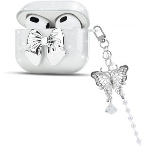 Coque Scintillante Compatible avec Airpods 3&egrave;me G&eacute;n&eacute;ration avec Porte-cl&eacute;s, &Eacute;tui de Protection avec N?ud Papillon pour Femme, Housse en Silicone Transparent Antichoc Anti-Rayures Antid&eacute;rapant - Neuf