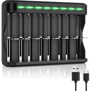 8 Quick Slots LED Universal Battery Charger, Battery Charger for AA/AAA/C/D NI-MH NI-CD Rechargeable Batteries with USB Port - Neuf