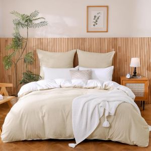 Tzf-Parure De Lit 2 Pièces, 155 X 220 Cm, Beige, 100 % Coton Lavé Avec Texture Lin, Certifié Oeko-Tex Pour Personnes Allergiques, 1 Housse De Couette Avec 1 Taie D'oreiller 80 X 80 Cm - Neuf