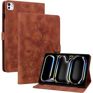 Coque Pour Ipad Pro 11 Pouces M4 5e Génération (2024), Multi-Angles De Visualisation Housse De Protection En Similicuir Avec Porte-Carte Couverture Motif Lys, Marron[Coq9125201] - Neuf