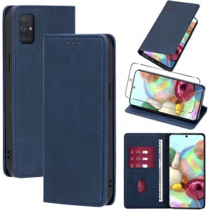 Kal-Coque Cuir Pour Samsung Galaxy A71 4g/5g 6.7"" Avec 1 Verre Tremp&eacute; Etui &Agrave; Rabat En Pu Porte-Cartes Portefeuille Support Flip Housse Magn&eacute;tique Antichoc Anti-Rayures Case,Bleu - Neuf