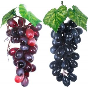 Lot de 2 raisins artificiels décoratifs, raisins artificiels, raisins réalistes, raisins artificiels simulés, pour présentation de fruits, décoration de vin (noir/agate) - Neuf
