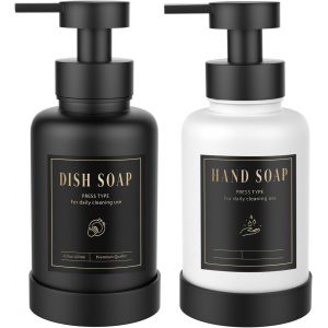 Foaming Soap Dispenser,450ML/15OZ Refillable Liquid Glass Pump Dispenser,Non-Slip Hand Dispensers with 5 Waterproof Labels,Black+White,2 Packs - Neuf