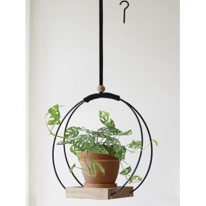 NouvelHorizonstore-Suspension pour Plantes avec Base en Bois - Support Macram&eacute; Boh&egrave;me pour D&eacute;coration Murale/Fen&ecirc;tre/Chambre - Noir (Pot Non Inclus) - Neuf