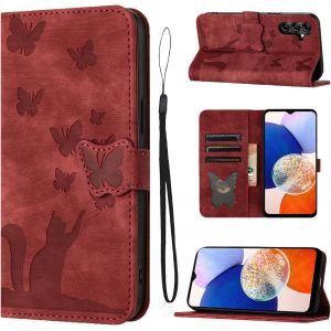 Kal-Housse Protection Pour Samsung Galaxy A14 6.6 Pouces Matériau En Cuir Pu Coque Samsung A14 Avec Fentes Pour Cartes Étui Motif Papillon Chat Rouge - Neuf