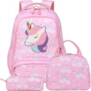 Cartable Fille Licorne Sac à Dos Fille Cartable Primaire Sac à Dos Broderie Licorne Sets Sacs Scolaires Enfant Fille CE1 CE2 + Isotherme Panier Repas + Trousse - Neuf