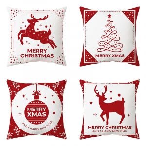 Lot de 4 housses de coussin Noël (45x45cm, rouge impetus) Housses de coussin motif cerf de Noël décoration de la maison, adapté au canapé Noël maison salon - Neuf