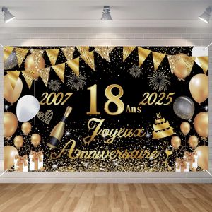 Sjzg-Banderole Joyeux 18 Ans 2007-2025, D&eacute;coration 18 Ans Toile De Fond Anniversaire 18 Ans Fille Garcon, Banni&egrave;re Joyeux Anniversaire Pour F&ecirc;te, Or Noir 180 X 110 Cm - Neuf