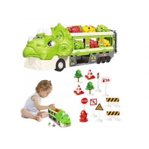 Ensemble de jouets dinosaures, camion et voiture avec piste de course &eacute;jectable - Vert - Neuf
