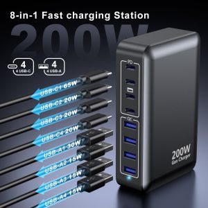 Chargeur Usb-C 200 W,Hub De Charge Rapide Gan &Agrave; 8 Ports,Adaptateur Pd 65 W Pour Ordinateur Portable,Compatible Avec Macbook Pro/Air,Dell,Steam Deck,Iphone 16/15/14,Galaxy S24 / S23 / S22 - Neuf