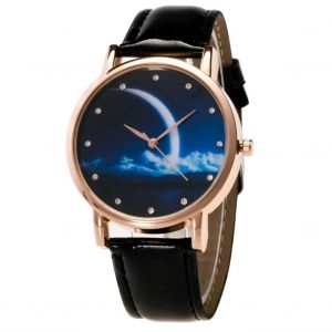 Zhoulianfa Strass Nuit Lune Motif Cadran Cristal Grain Pu Bracelet Cuir Montre (Noir) - Neuf