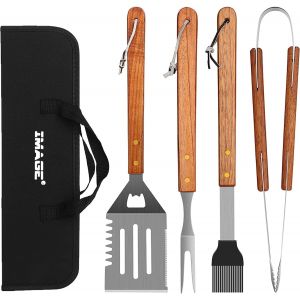Ulteronixshop-Lot de 4 ustensiles de barbecue avec poign&eacute;es en bois - Accessoires de barbecue en acier inoxydable avec sac de transport - Pour cuisine, arri&egrave;re-cour, barbecue et camping en plein air - Neuf