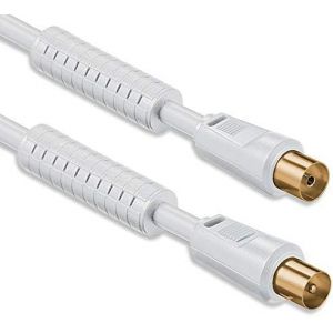 Câble d'antenne 7,5 mètres (80 dB) avec filtre de courant à gaine de ferrite, 2x blindé plaqué or, fiche coaxiale > prise coaxiale (entièrement blindée) coaxiale blanc St-Ku avec FE or 85db - Neuf