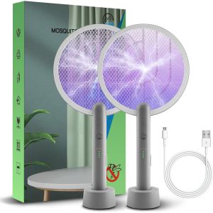 Raquette Anti Moustique,2 En 1 Tapette À Mouches Électrique,4000V Avec Station De Charge, Tapette De Moustique Portable Et Lampe Uv,3 Couches Filet Sûr Protection¿Paquet De 2¿ - Neuf