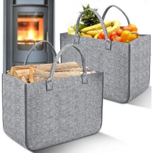 Sjzg-2 Pi&egrave;ces Sac &Agrave; B&ucirc;ches En Feutre, Grand Capacit&eacute; Pliable Panier En Feutre Avec Poign&eacute;e De Transport Pour Bois De Chemin&eacute;e, Jouets, V&ecirc;tements, Shopping (50 X 30 X 35 Cm, Gris) - Neuf