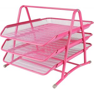Range Document Metal en Maille Rose à 3 Niveaux-Banette de Rangement Bureau A4-Rangement Documents Bureau pour Documents/Papiers pour la Maison,École,Bureau - Neuf