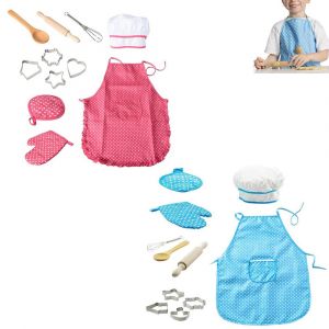 Ensemble de cuisine et de p&acirc;tisserie pour enfants avec tablier et toque - 2 ensembles, 11 pi&egrave;ces, jouet d'imitation pour enfants - Neuf