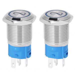 Lot de 2 interrupteurs a bouton-poussoir plats en metal a reinitialisation automatique, 5 broches, avec voyant et symbole numero 2, 16 mm, 3-6 V CC, bleu - Neuf