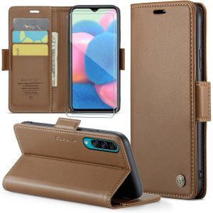 Kal-Coque Pour Samsung Galaxy A30s/A50s/A50+ 2 Pièces Verre Trempé,Antivol,Prend En Charge Le Chargement Sans Fil, Pochette Fermeture Magnétique Flip Case-Marron - Neuf