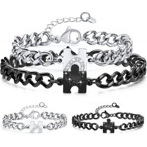 Trahoo-Bracelet Couple Puzzle Cadeau Couple 2 Pièces Bracelet À Cordon Ajustable Yin Yang Puzzle Collier Yin Yang Assorti Bracelet Ensemble Bracelet Couple Puzzle D'amour Bracelet Acier Inoxydable - Neuf
