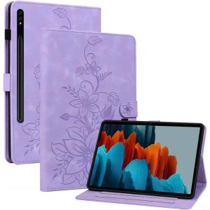 Kal-Coque Pour Samsung Galaxy Tab S7 2020/S8 2022 11 Pouces, Multi-Angles De Visualisation Housse De Protection En Similicuir Avec Porte-Carte Couverture Motif Lys, Pourpre - Neuf