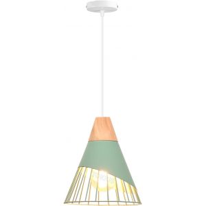 Kal-Suspension Luminaire Moderne Industrielle Bois Lustre Abat-Jour Métal Vintage Forme Cage Ø25cm Plafonnier E27 Design Pour Cuisine Chambre Salon (Vert-1pcs) - Neuf