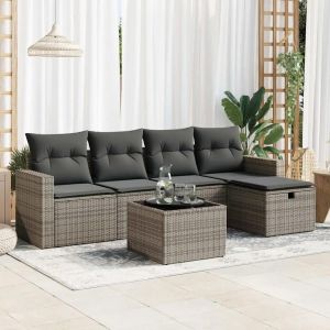 Salon De Jardin 6 Pcs Avec Coussins Gris Résine Tressée - Neuf