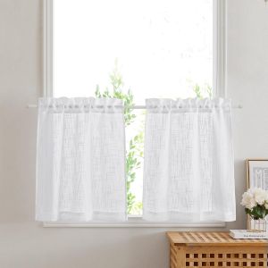 Eryi-Rideaux Voilage - Rideau Cuisine Passe Tringle Voile En Lin Avec Motif De Croix Décor De Maison Lumineux Filtrer Souple Demi Transparent, L 60 X H 60 Cm, Blanc, 2 Panneaux - Neuf