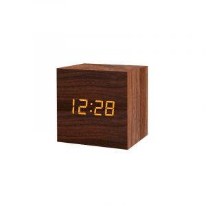 Horloge LED en bois, horloge &eacute;lectronique cr&eacute;ative, horloge num&eacute;rique carr&eacute;e, mini petit r&eacute;veil, thermom&egrave;tre, horloge de chevet (bois marron et chiffres blancs) - Neuf