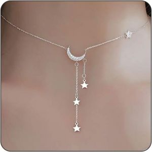 Kal-Long Collier D'étoile Tiantienne Pour Femme - Collier Délicat En Or Plaqué Or - Collier Ras Du Cou Étoile De Lune - Bijoux - Collier Esthétique, Argenté, L - Neuf